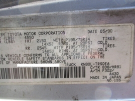 1990 TOYOTA TRUCK DLX LIGHT BLUE STD CAB 2.4L AT 2WD Z16352